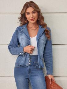 SHEIN LUNE Áo khoác denim Với Cổ bẻ - Màu xanh lam - Xem 5