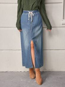SHEIN LUNE Falda de mezclilla para mujer con cintura de cordón y aberturas laterales - Azul - Ver 5