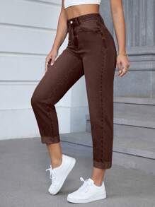 SHEIN EZwear 女式純色老爸牛仔褲,帶撞色口袋 - 棕色 - 查看 5