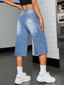 SHEIN ICON 女式側翻口袋牛仔褲膝蓋褲 - 淺色水洗藍 - 查看 2