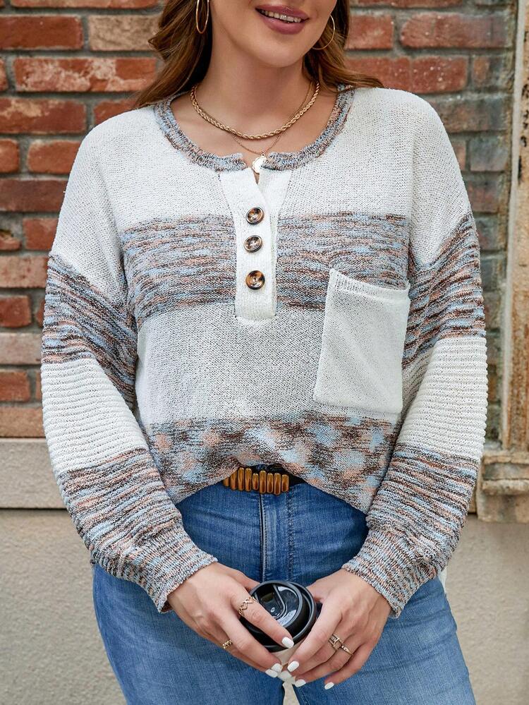 Women's Plus Size Half-Button Placket Color Block Sweater With Patch Pockets Knit Pullover Fall Winter Sweater