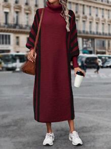 SHEIN LUNE Turtleneck Striped Batwing Sleeve Sweater Dress Fall Cloth For Women - Burgundy - View 3