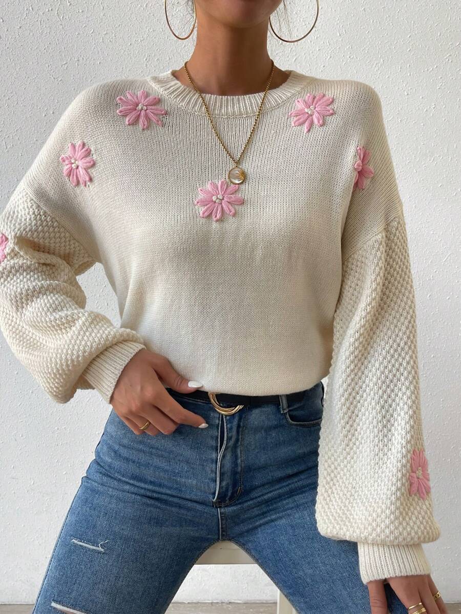 SHEIN Essnce 女用蝴蝶圖案落肩高領毛衣 - 杏色 - 查看 1