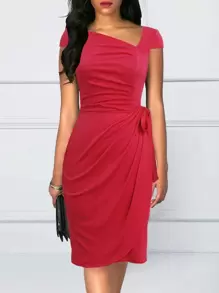 女士复古不对称领侧扭裹身连衣裙 - 西瓜粉 - 查看 1