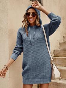 EURMUSE Drop Shoulder Hooded Sweater Dress - Dusty Blue - View 7