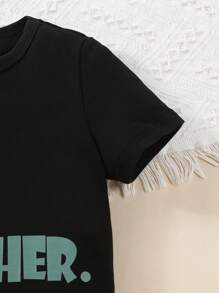 SHEIN 小男孩标语图案 T 恤 - 黑色 - 查看 4