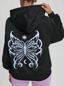 Threesuture Butterfly Print Drop Shoulder Hoodie - Black - View 3