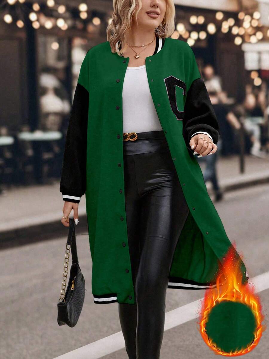 SHEIN LUNE Hơn Thư được vá Sọc trang trí Thả vai Áo khoác Đại học - Nhiều màu - Xem 1