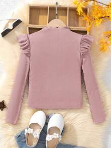 SHEIN Tween女孩荷葉邊細節鈕扣t恤 - 淺粉色 - 查看 2