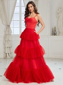 SHEIN Belle Vestido De Noche De Tul En Capas Con Corpiño Plisado Y Detalle De Espina De Pescado Para Mujer (resistente) - Rojo - Ver 7