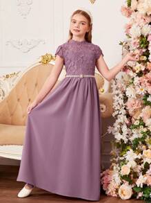 SHEIN 青少女針織純色蕾絲拼布針織裙 - 淺灰紫 - 查看 6