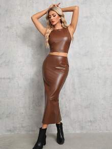 SHEIN Tall Của phụ nữ Mùa vụ Da giả Áo vest Và Bộ váy - Màu Khaki - Xem 7