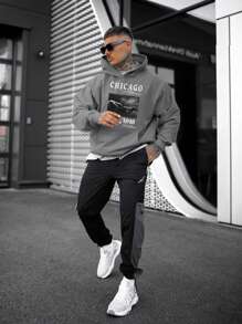 Men's Graphic Print Hoodie Sweatshirt - Dark Grey - View 3