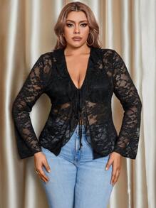 Celure Của phụ nữ Kích thước lớn Xù ren Lace-up Áo - màu đen - Xem 4