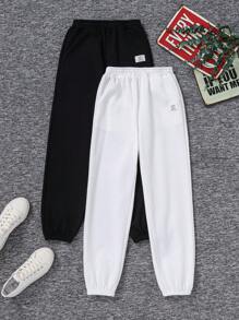 SHEIN Tween Girls' Loose Fit Lagenlook Quần nhiều túi có còng co giãn - Đen và trắng - Xem 3