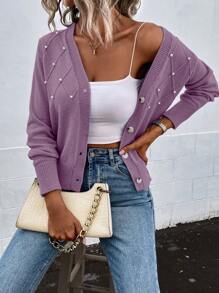 SHEIN Frenchy Trân châu Đồ trang trí Nút Lên Áo len Mở - Màu tím - Xem 4
