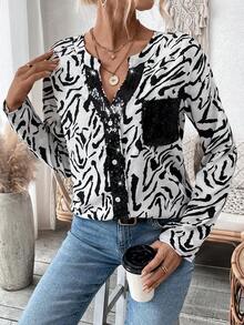 SHEIN Privé Zebra Print Notch Collar Shirt With Glittering - White - View 2