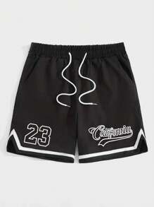 ROMWE MEN Prep Guys Letter Striped Trim Shorts - Black - View 1