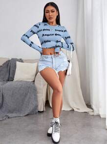 Hanevo Letter Printed Cropped T-Shirt Graphic Tees Women Tops