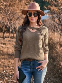 GENKIRA Pull tricoté à épaules tombantes avec détail de bouton, couleur unie, pour l'automne et l'hiver - Marron - Voir 4
