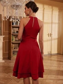 Solid Halter Neck A-Line Dress - Burgundy - View 2