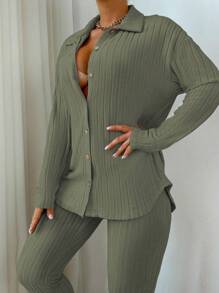 VaVaBold Của phụ nữ Nút phía trước Áo thun Và Xà cạp Bộ - xanh quân đội - Xem 5