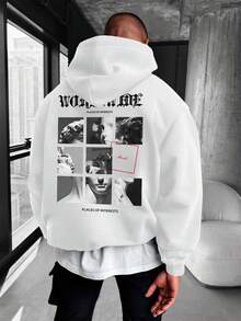 Manfinity Homme Hombres Capucha con estampado de slogan y figura de hombros caídos con cordón - Blanco - Ver 7