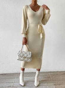 Chiquease Rochie pulover bodycon cu decolteu în V cu mânecă lanternă, cu curea