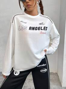 SHEIN EZwear 字母印花長袖下垂肩t恤 - 白色 - 查看 3