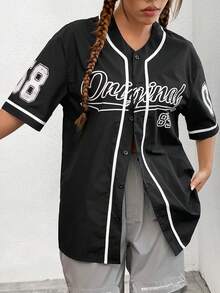 SHEIN Coolane 拼色卷边字母印花女式衬衫 - 黑色 - 查看 3