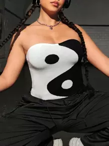 SHEIN EZwear Women's Plus Size Knitted Top With Yin And Yang Pattern And Strapless Neckline - Black and White - View 6