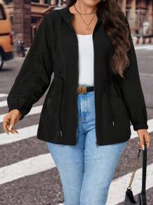 Calvaya Plus Size Black Hooded Jacket With Drawstring Waist - Black - View 1