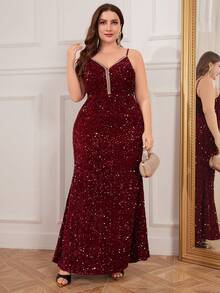 大码亮片装饰晚礼服（重饰） - 酒紅色 - 查看 3