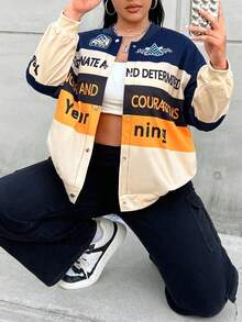 SHEIN Coolane 大碼字母圖案撞色落肩袖飛行員夾克 - 彩色 - 查看 7