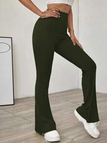 EURMUSE Solid Color Bell Bottom Pants - Green - View 5