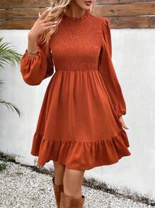 SHEIN VCAY Vestido De Manga De Linterna Sólido Con Línea De Dobladillo Con Volantes Para Mujer - Naranja Quemada - Ver 5