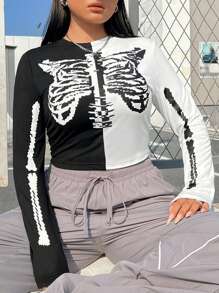SHEIN EZwear Women's Plus Size Dual-color Skeleton Printed T-shirt - Black and White - View 6