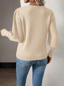 SHEIN Essnce 純色燈籠袖毛衣 - 杏色 - 查看 2