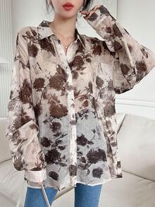 Dazy Star Của phụ nữ Hoa In Nút xuống Áo len Mở Với Thả vai - Màu be - Xem 8