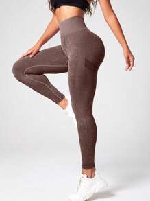 Liền mạch Căng cao Quần Leggings thể thao - Màu nâu Sô-cô-la - Xem 4