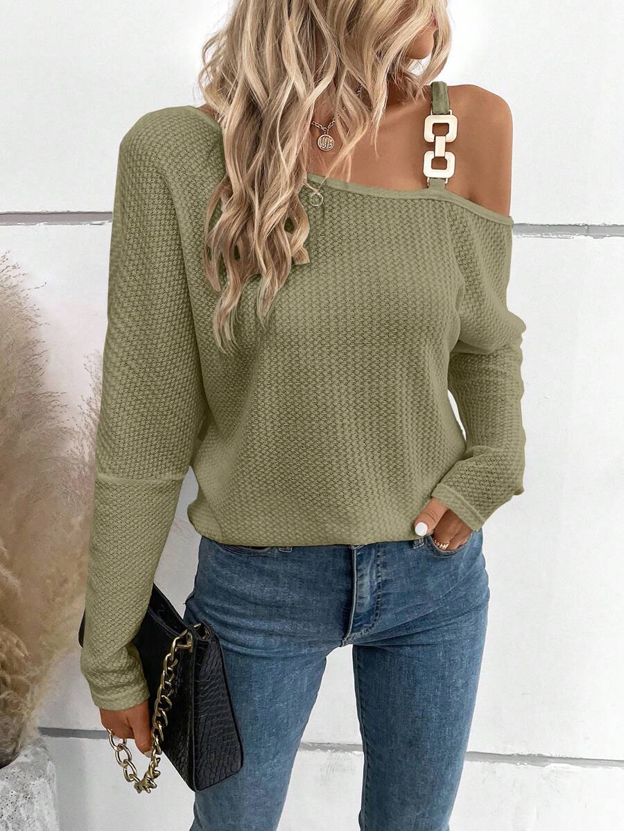 SHEIN Privé Chain Asymmetrical Shoulder Buffalo Plaid T-Shirt - Green - View 1