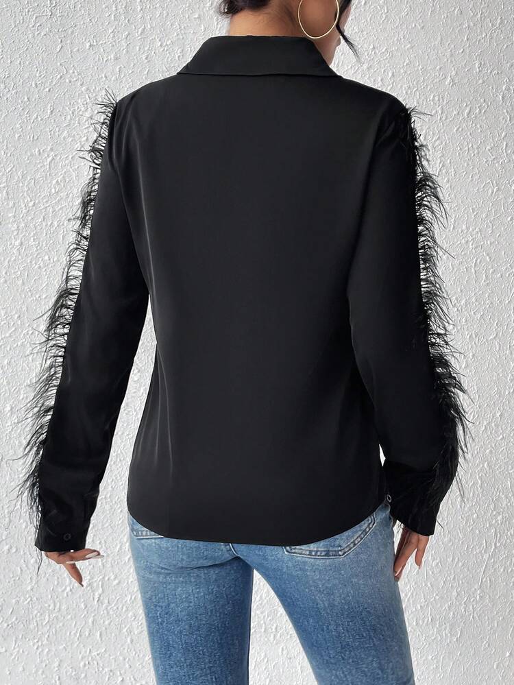 Long Sleeve Shirt With Synthetic Feather Decoration