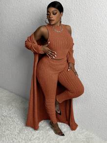 Slaydiva Women's Plus Size Plain Suit, Jacket+Tank Top+Long Pants - Redwood - View 3