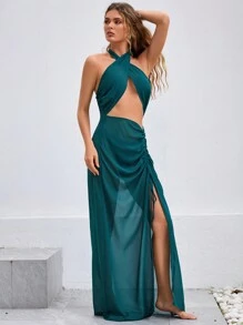 Swim Vcay Women's Halter Neck Pleated Drawstring Cover Up - Green - View 4