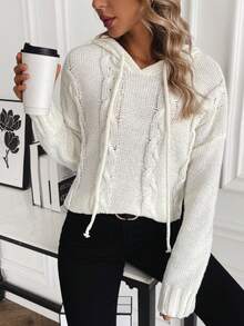 SHEIN Essnce Xoắn Dan Thả vai Dây rút áo có mũ Áo len - Màu be - Xem 5