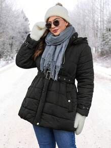 SHEIN LUNE Plus Zip Up Snap Button Belted Padded Padded Coat Clothes Winter - Black - View 8