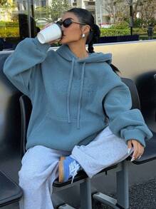 DAZY Của phụ nữ Màu thuần Thư thêu Dây rút Hoodie - Màu xanh lam - Xem 2