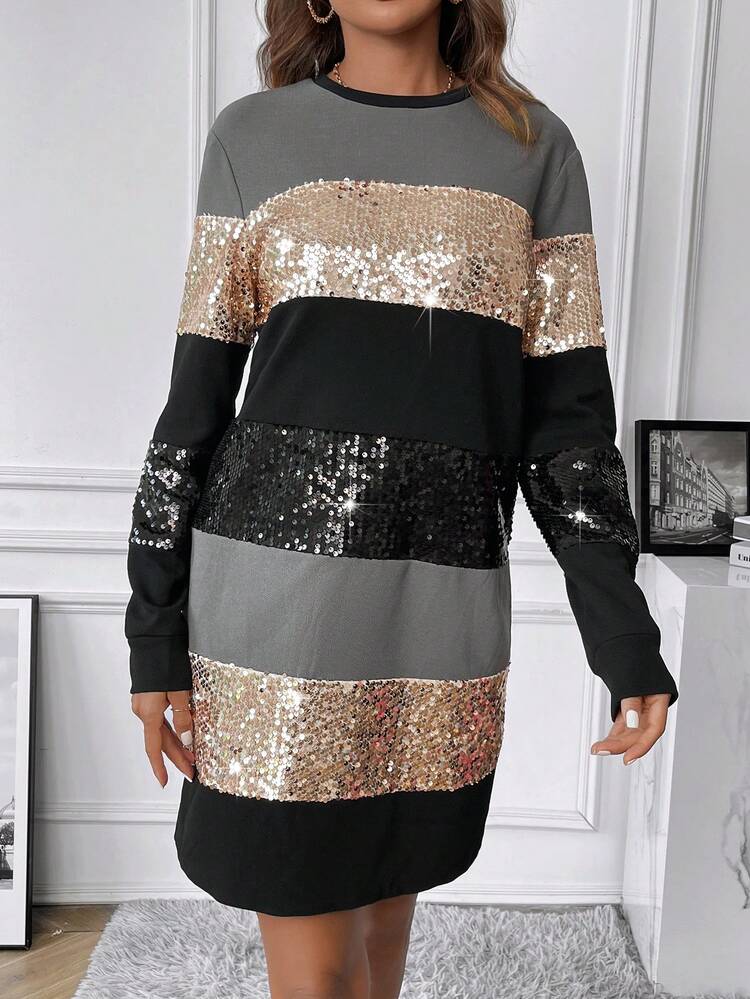 Color Block Contrast Sequin Tee Dress