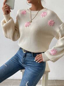 SHEIN Essnce 女用蝴蝶圖案落肩高領毛衣 - 杏色 - 查看 6