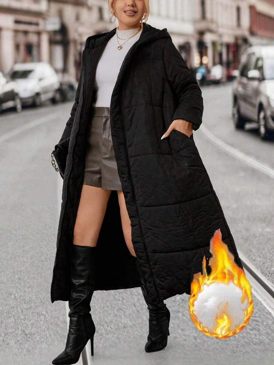 SHEIN LUNE 加双口袋连帽长款加厚棉服外套，适合冬季服装 - 黑色 - 查看 1